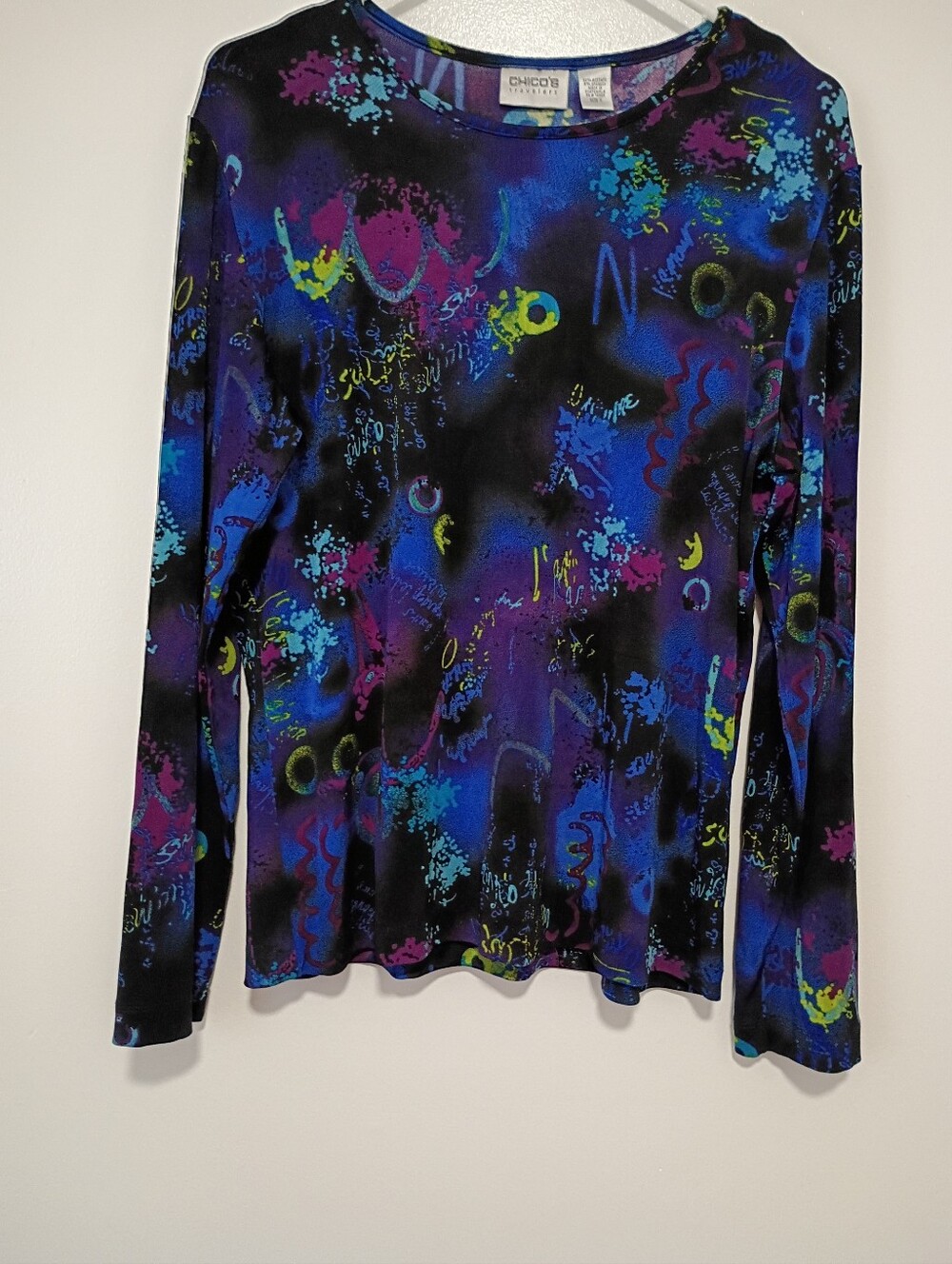 Chico's Black Neon Abstract Print Women's Long Sleeve Size 2 Stretchy Shirt